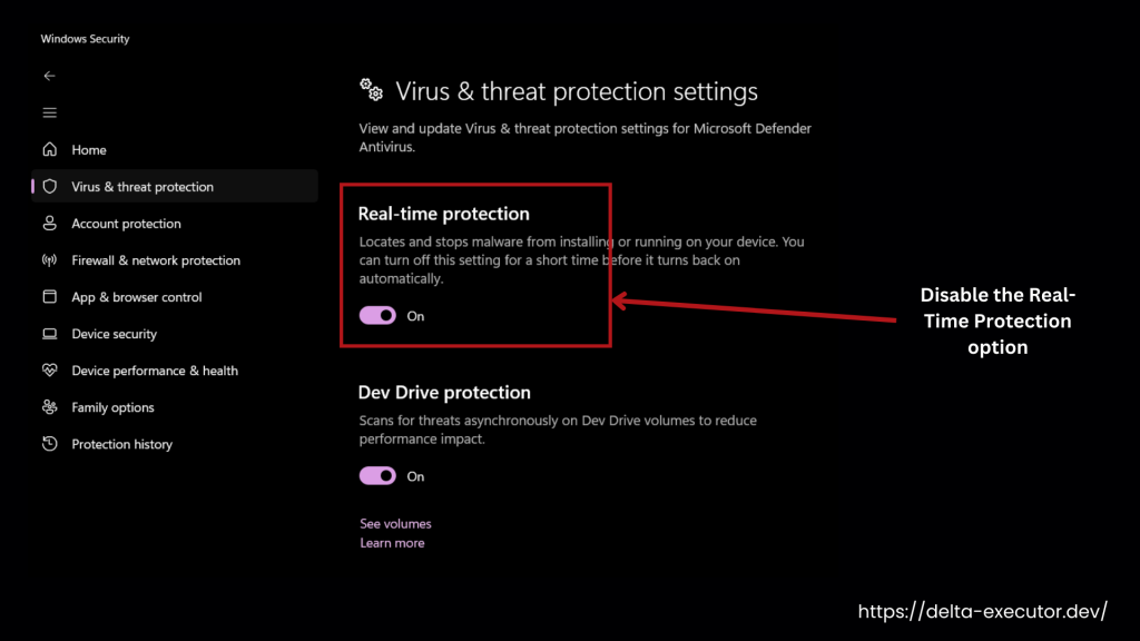 Disable the Real-Time Protection option